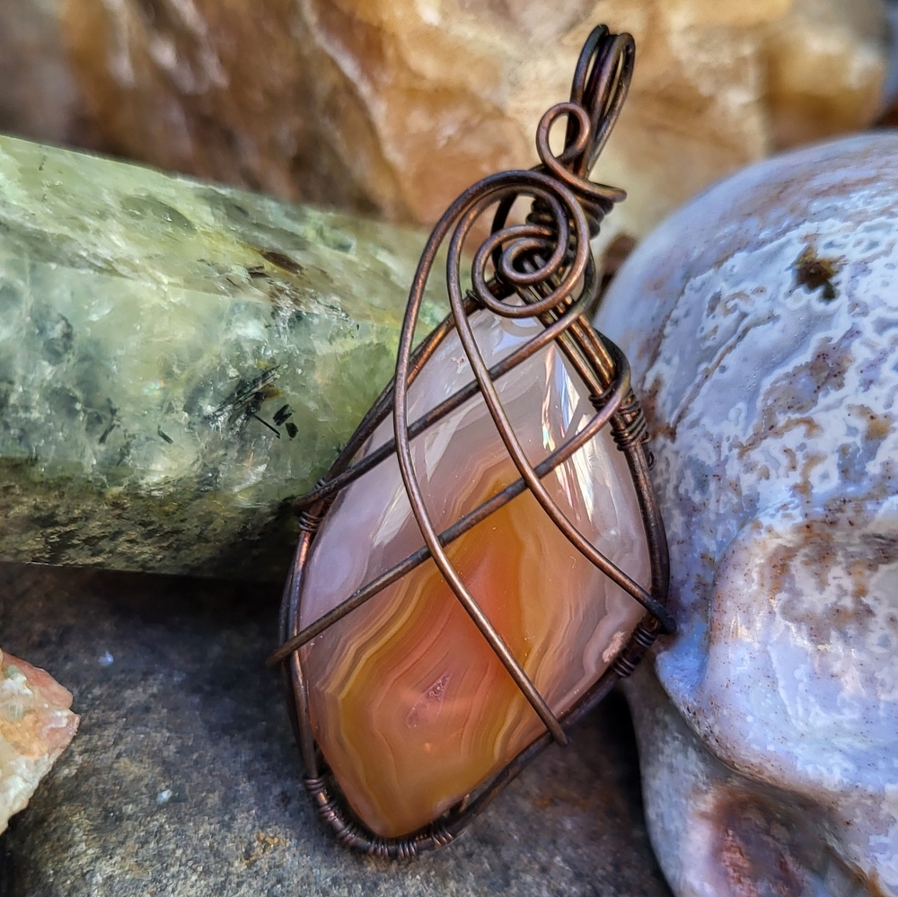 Handcrafted Orange Botswana Agate Stone Copper Wire Wrap Pendant Necklace Boho